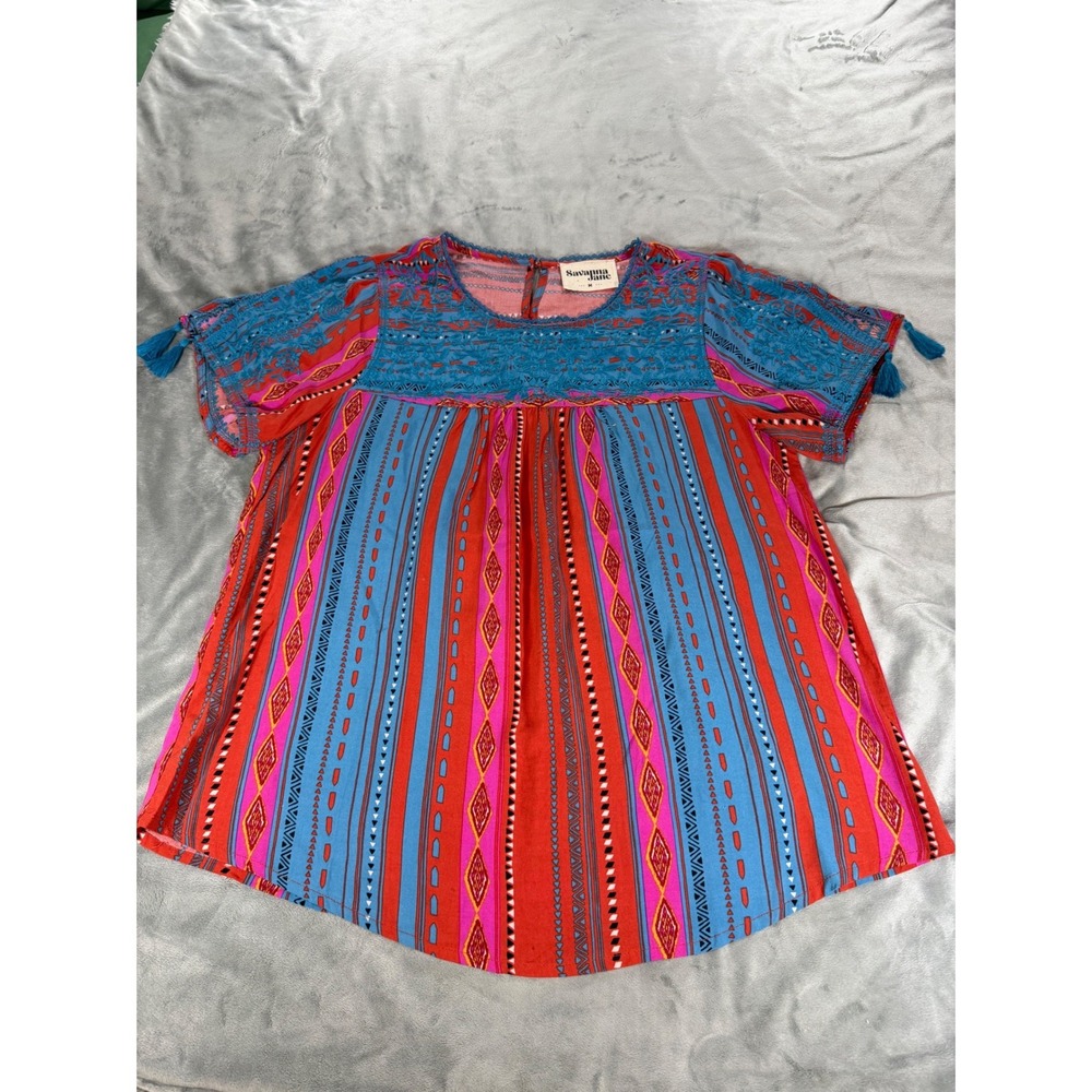 Savanna Jane Womens Boho Geometric Embroidered Top Size M Peasant Folk Festival